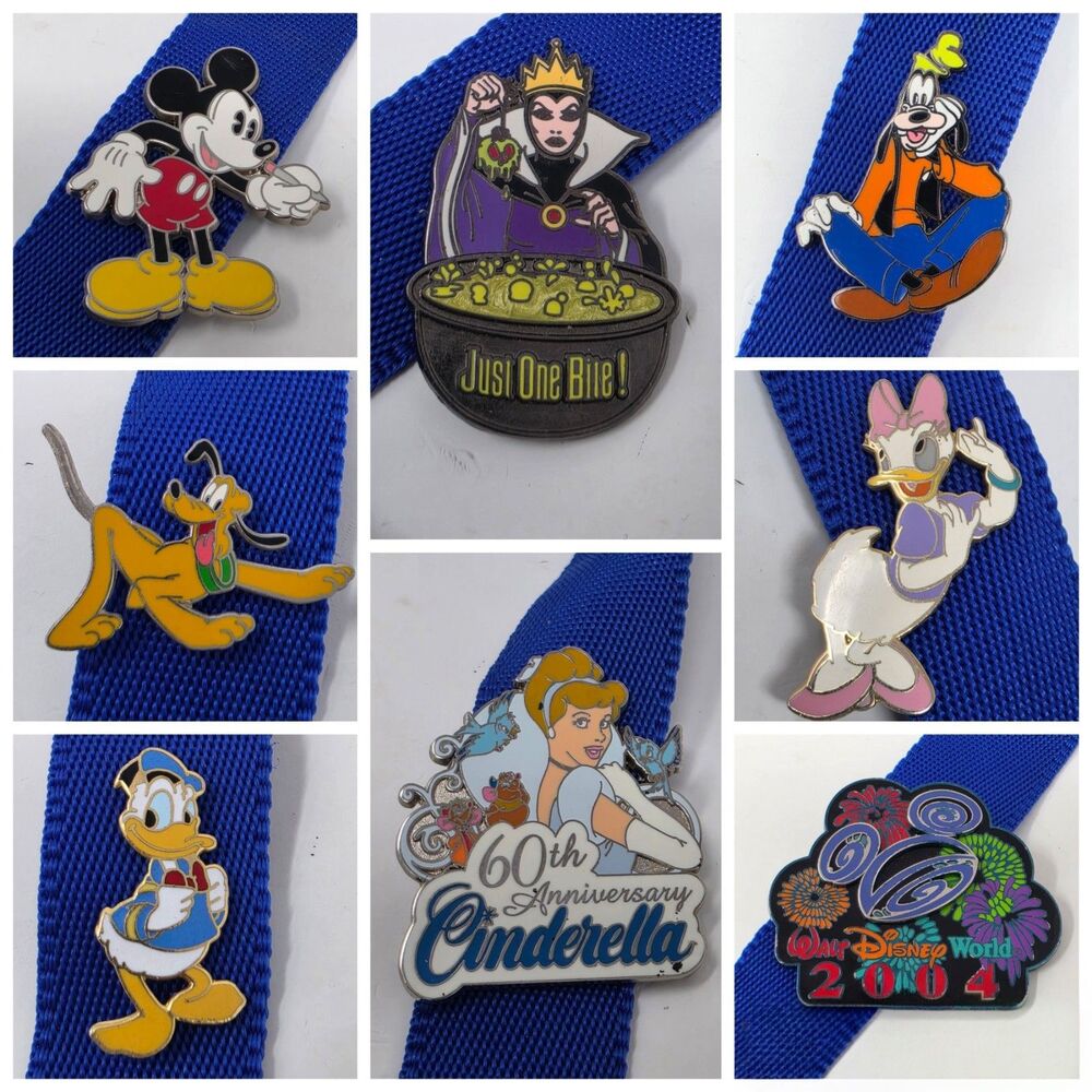 Lot Of 8 Disney Trading Pin Collection Lanyard WDW Cinderella Pluto Goofy Mickey
